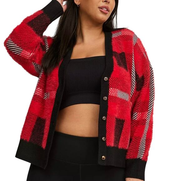 Torrid Red Plaid Fuzzy Button Cardigan Cozy Soft Checkered 2X - Picture 1 of 5